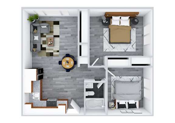 A top-down view of a small apartment with a kitchen, living room, and bedroom.