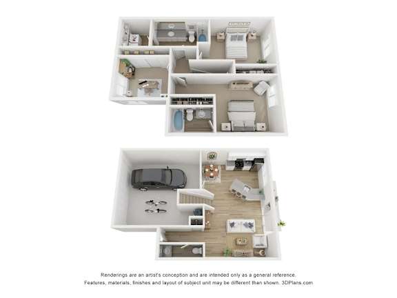 A floor plan of a two-bedroom apartment with a kitchen, living room, and bathroom.