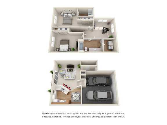 Two floor plan images of a house with a kitchen, living room, bedrooms and bathrooms.