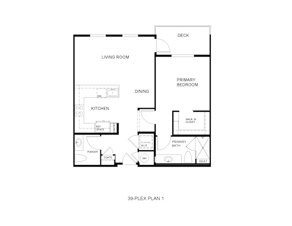 A floor plan of a small apartment with a living room, kitchen, dining room, and two bedrooms.
