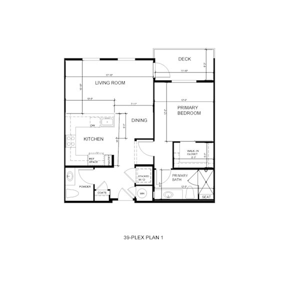 A black and white floor plan of a 39-plex apartment.