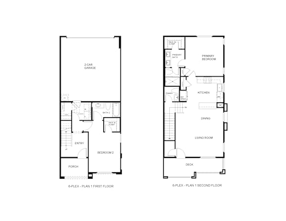 A floor plan of a two-story house with a garage and a deck.