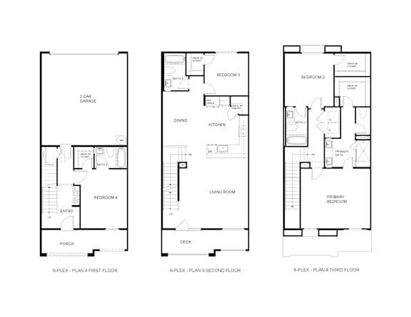 Three floor plans for a 6-plex apartment building.