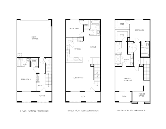 Three floor plans for a 6-plex home are shown.