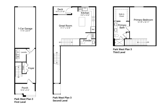 three floor plan of a house with three bedrooms and a garage