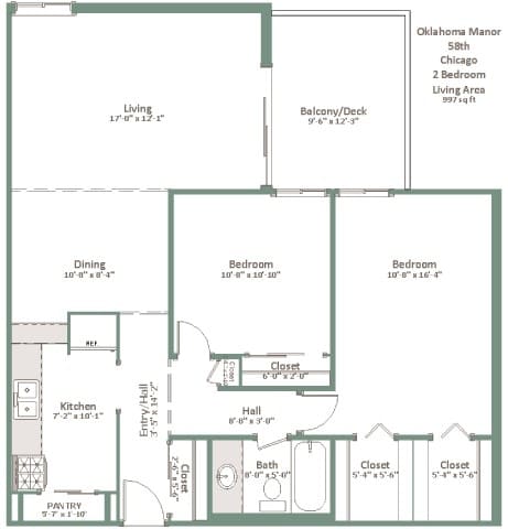 A floor plan of a 2 bedroom apartment in the Oklahoma Manor in Chicago.