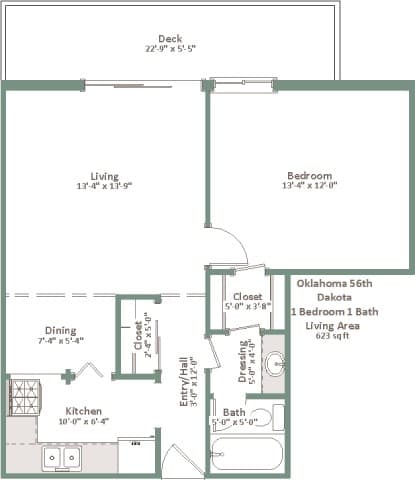 A floor plan of a house with a deck, living room, dining room, kitchen, and bathrooms.