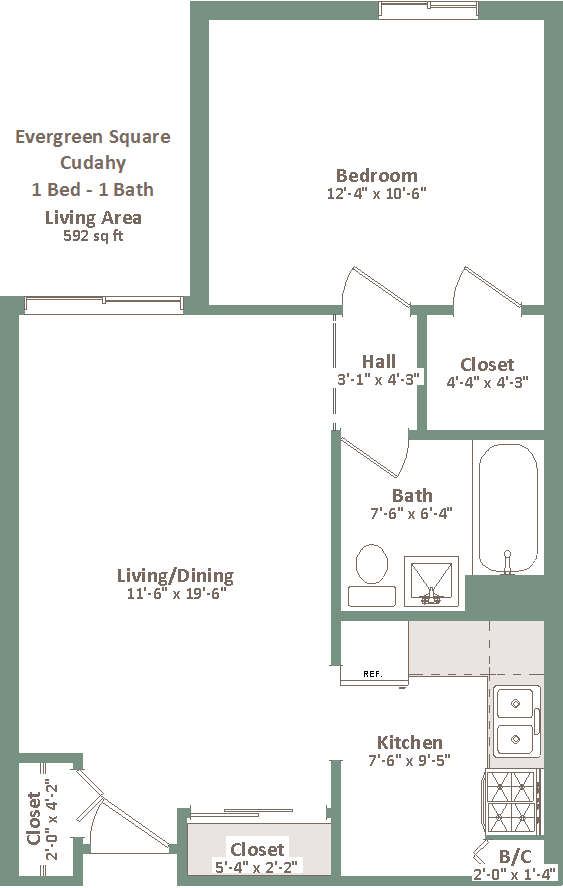 A floor plan of a one bedroom, one bathroom apartment.