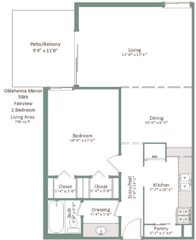 A floor plan of a home with a living area, bedroom, bathroom, kitchen, and pantry.