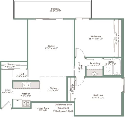 A floor plan of a 2 bedroom 1 bath home with a living area of 13'-4"x16'-7".