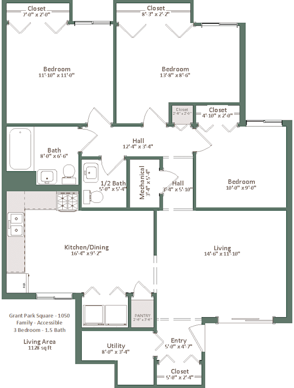A floor plan of a house with a living area, kitchen, two bedrooms, a bathroom, and a utility space.