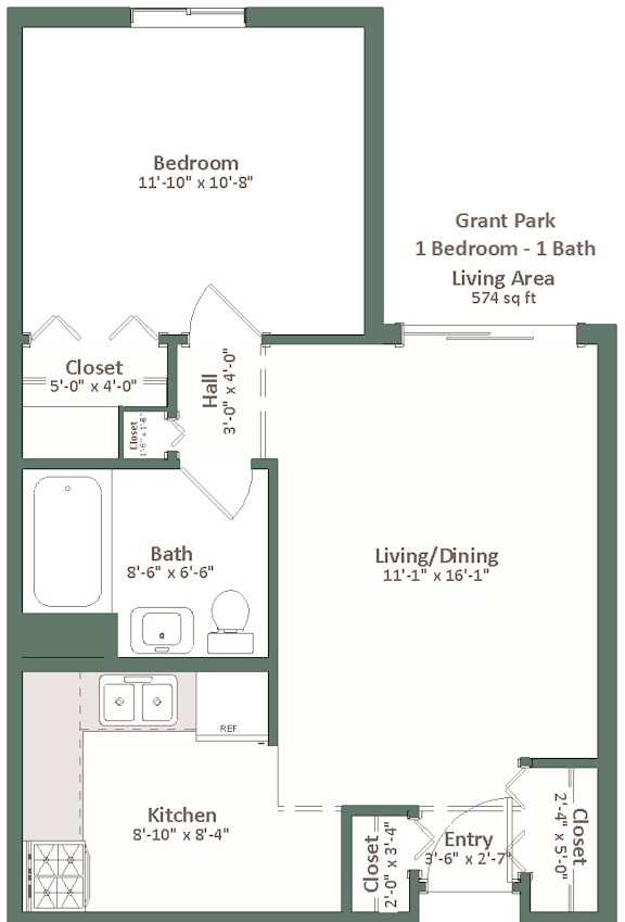 A floor plan of a living area with a bedroom, bathroom, kitchen, and living/dining space.