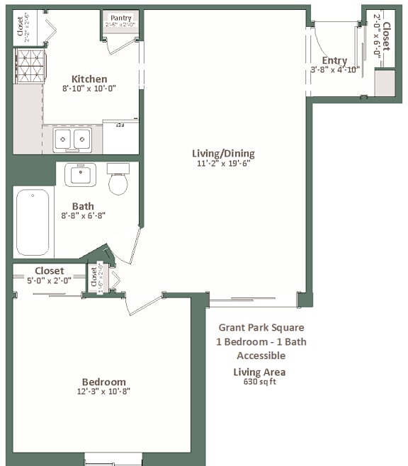 A floor plan of a living space with a kitchen, bathroom, and bedroom.