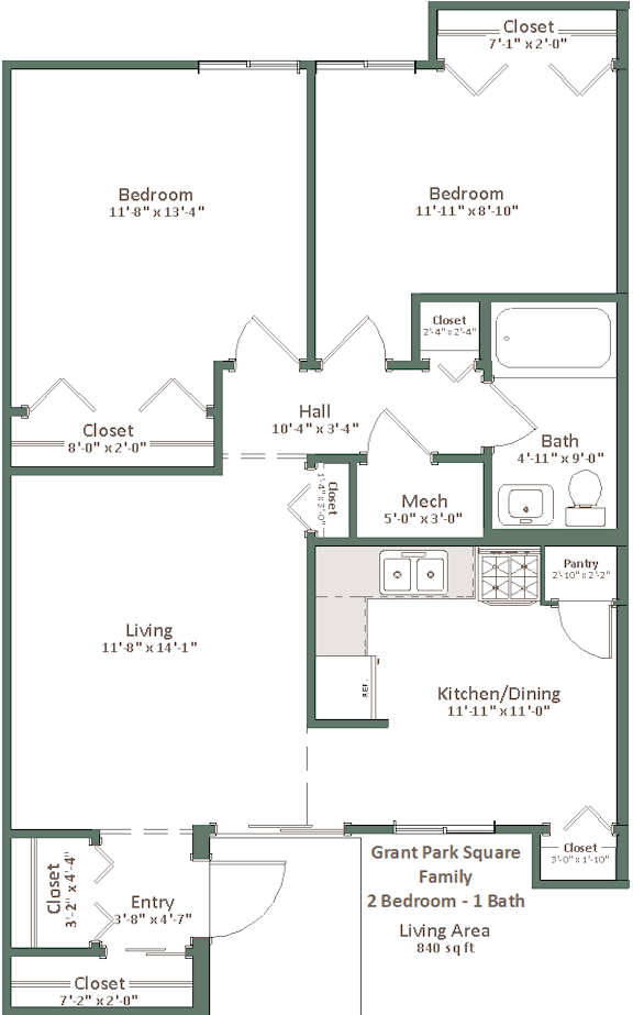 A floor plan of a two bedroom, one bath house with a living room and a kitchen/dining area.