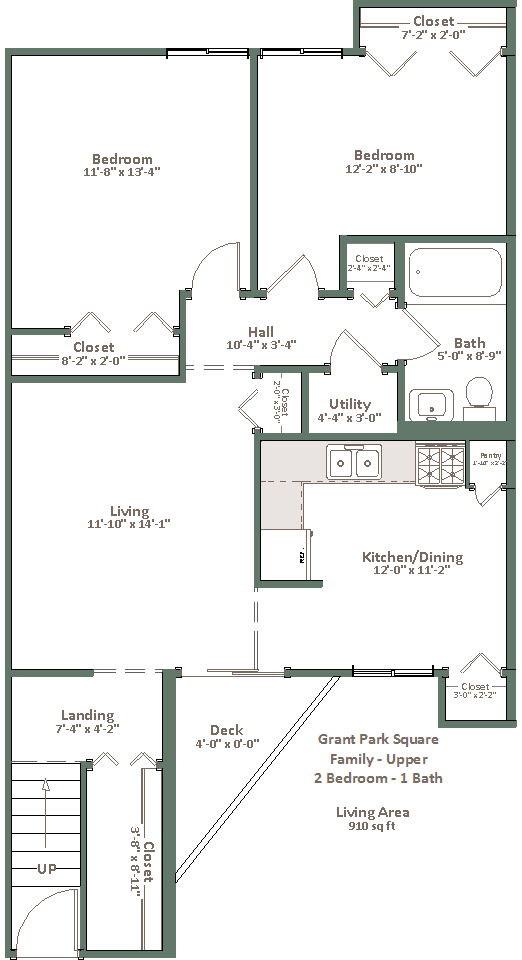 A floor plan of a house with two bedrooms, a living room, a kitchen/dining area, a bath, a hall, a utility room, and a deck.