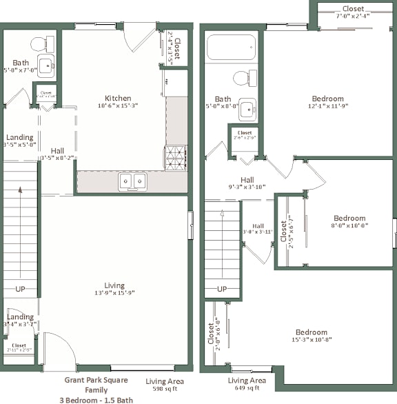 A floor plan of a three bedroom, one bathroom family home.