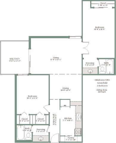 A floor plan of a two bedroom, two bathroom apartment with a balcony.