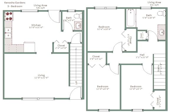 A floor plan of a house with a living area, kitchen, and bedrooms.