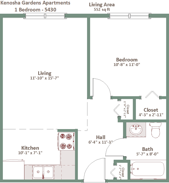 A floor plan of a 1 bedroom apartment in Kenosha Gardens showing the layout of the living area, kitchen, bedroom, bath, and closet.