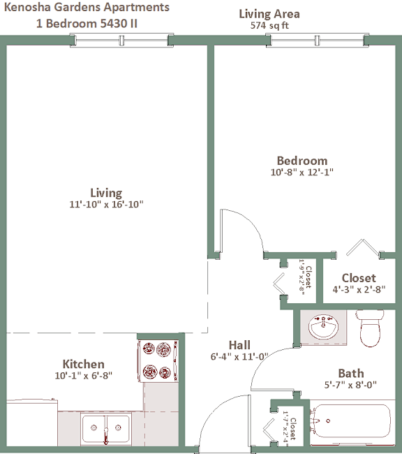 A floor plan of a 1 bedroom apartment in Kenosha Gardens showing the layout of the living area, kitchen, bedroom, bathroom, and closet.