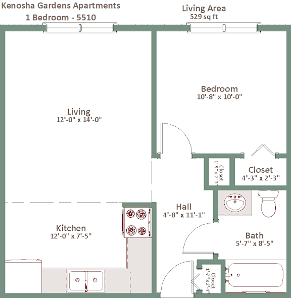 A floor plan for the Kenosha Gardens Apartments shows a 1 bedroom apartment with a living area, kitchen, bath, and closet.