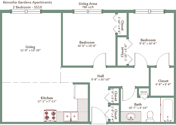 A floor plan of a 2 bedroom apartment with a kitchen and living area.