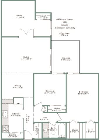 A floor plan of a house with a living area, two bedrooms, a kitchen, and a study.