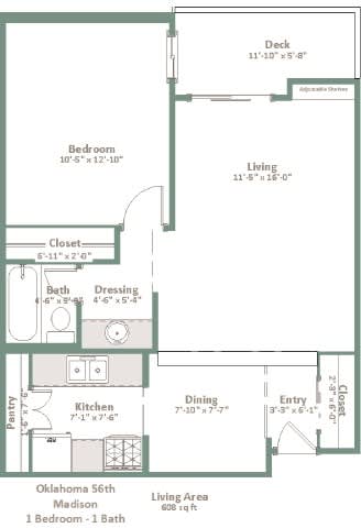 A floor plan of a one bedroom, one bathroom apartment in the Oklahoma 56th Madison.