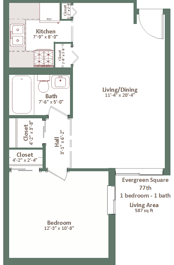 A floor plan of an apartment with a kitchen, living/dining area, bathroom, closet, and bedroom.