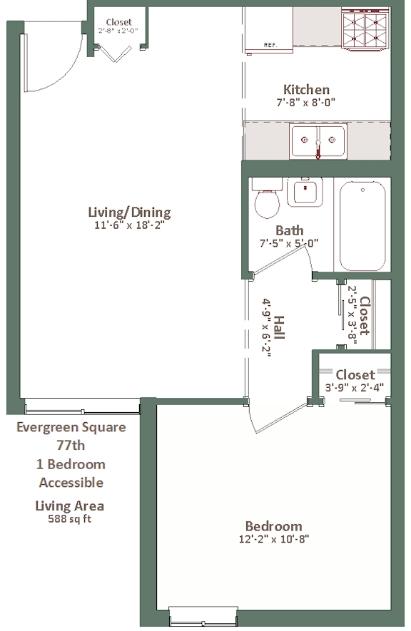 A floor plan of a small apartment with a living/dining area, kitchen, bathroom, and bedroom.