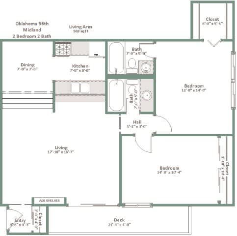 A floor plan of a 566 square foot Oklahoma home with two bedrooms, a living area, a dining area, a kitchen, a bath, a hall, and a deck.