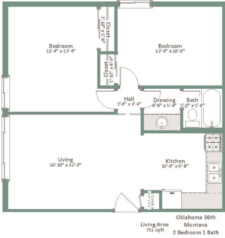 A floor plan of a two bedroom, one bathroom apartment.