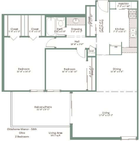 A floor plan of a two bedroom, one bathroom apartment.