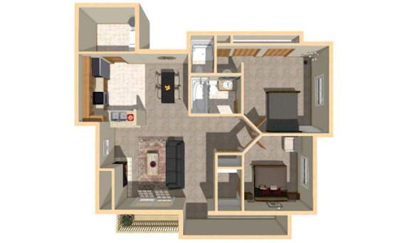 A floor plan of a house with a kitchen, living room, and two bedrooms.