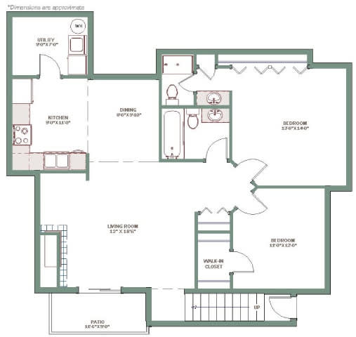 A floor plan of a house with a living room, dining room, kitchen, and bedrooms.