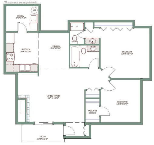 A floor plan of a house with a living room, dining room, kitchen, and two bedrooms.