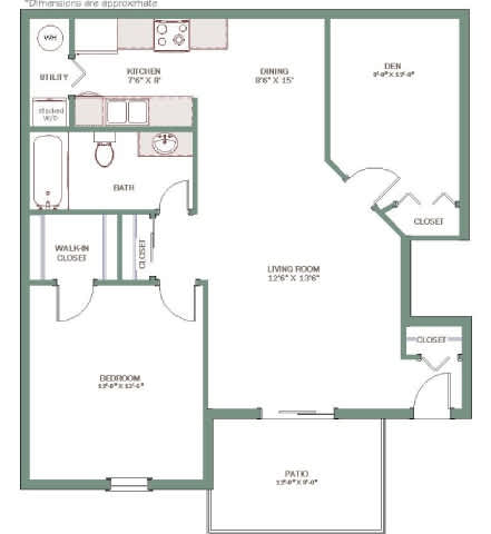 A floor plan of a house with a den, dining room, living room, kitchen, bath, walk-in closet, and patio.