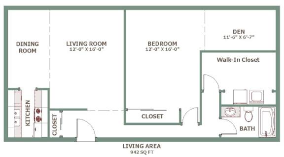A floor plan of a living area with a dining room, living room, bedroom, bath, and kitchen.
