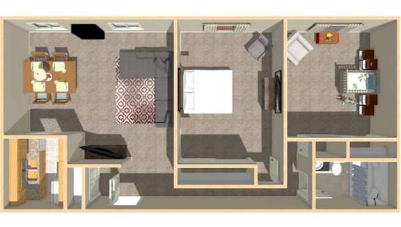 A drawing of a small apartment with a kitchen, living room, and bedroom.