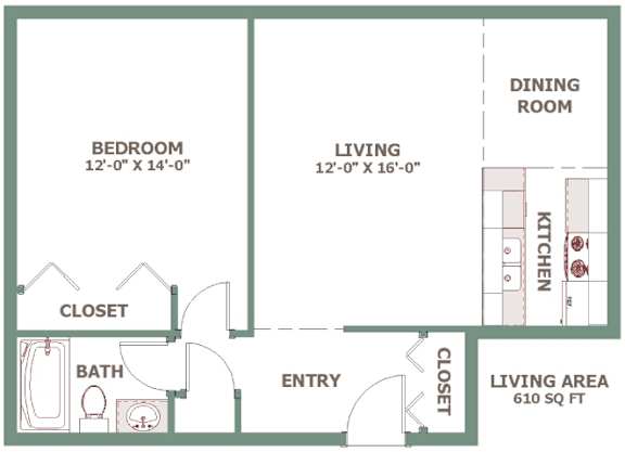 A floor plan of a small apartment with a living area, bedroom, bathroom, kitchen, and two closets.