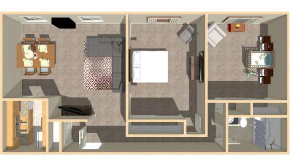 A drawing of a small apartment with a bedroom, living room, and kitchen.