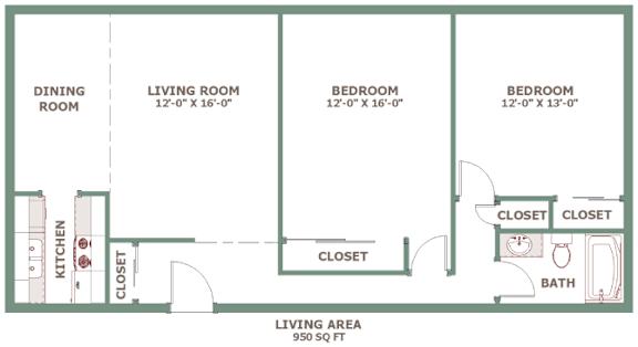 A floor plan of a living area, dining room, and two bedrooms with closets and bathrooms.