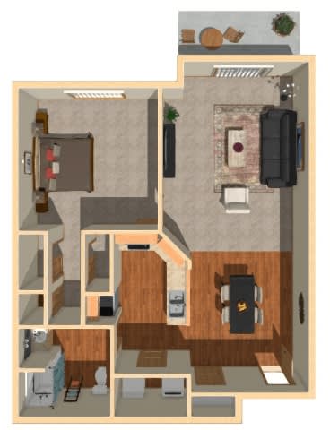 A 3D floor plan of a house showing a kitchen, living room, and bedrooms.