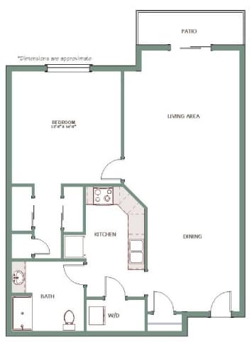 A floor plan of a house with a living area, dining area, kitchen, bath, and bedroom.