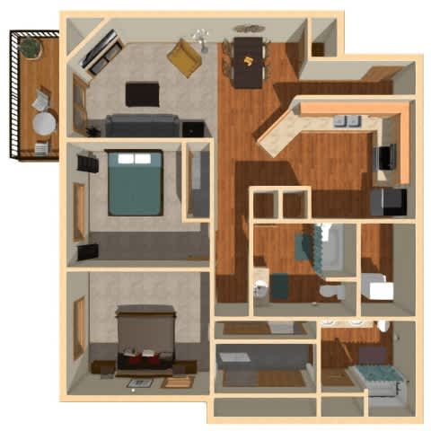 A 3D rendered image of a house layout.