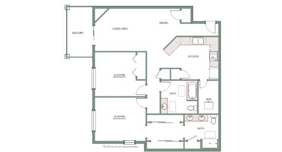 A floor plan of a house with a living room, two bedrooms, a bathroom, and a kitchen.