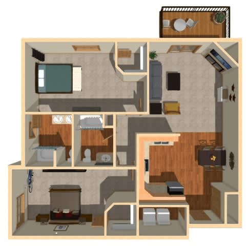 A detailed 3D floor plan of a small apartment.