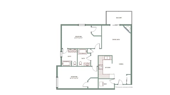 A floor plan of a house with a kitchen, living room, dining room, and two bedrooms.
