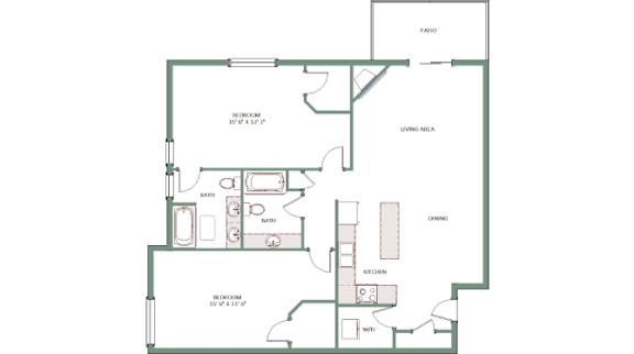 A floor plan of a house with a living area, kitchen, and bathrooms.
