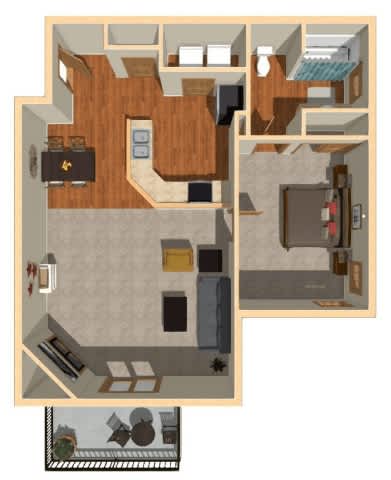 A floor plan of a house with a kitchen, living room, and two bedrooms.